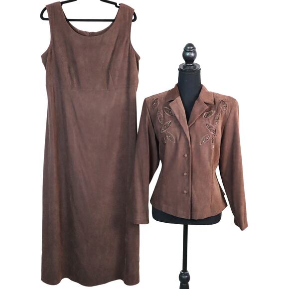Brown Microsuede Dress Suit Set Jacket Maxi Vintage 90s XL Beaded Embroidered - Picture 1 of 8